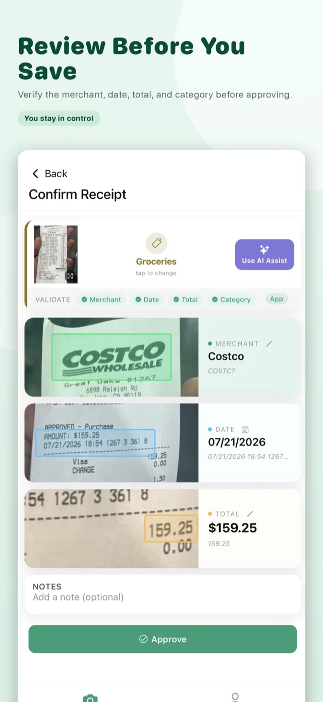 Confirm receipt screen showing merchant, date, and total highlighted for review