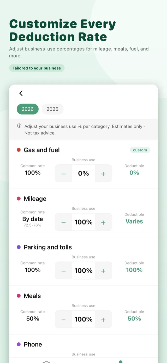 Customize Every Deduction Rate — adjust business-use percentages for mileage, meals, fuel, and more