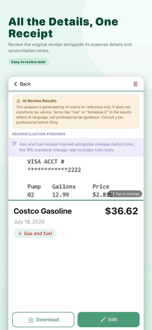 All the Details, One Receipt — review the original receipt alongside its expense details