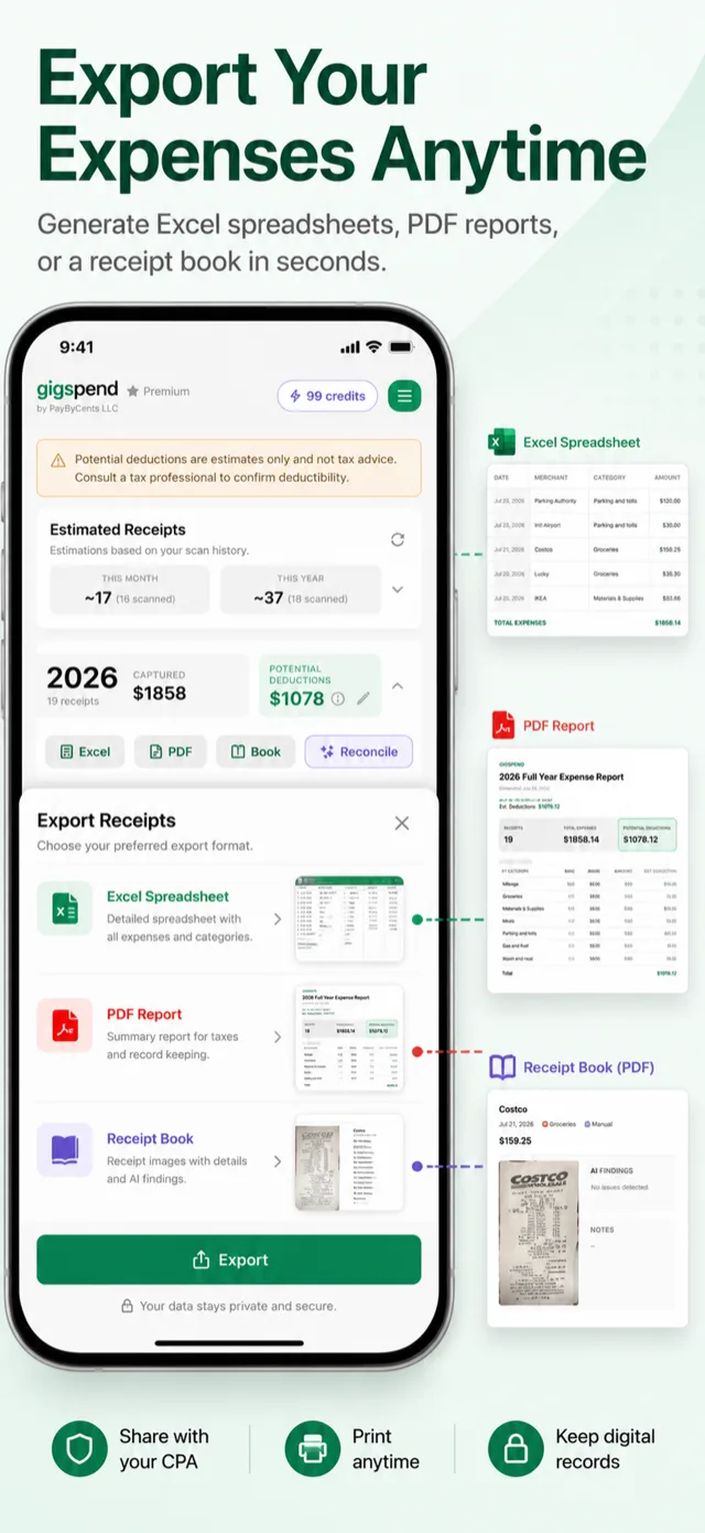 Export screen with options for Excel spreadsheet, PDF report, and receipt book