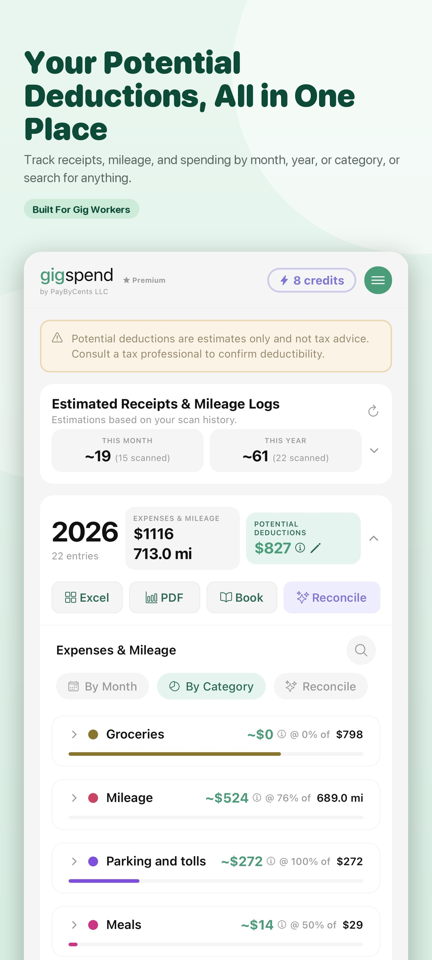 Tracking Dashboard — review receipts, mileage, spending, and potential deductions together