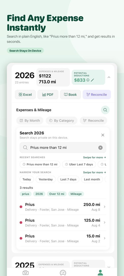 Search screen finding receipts and mileage using a plain-English query